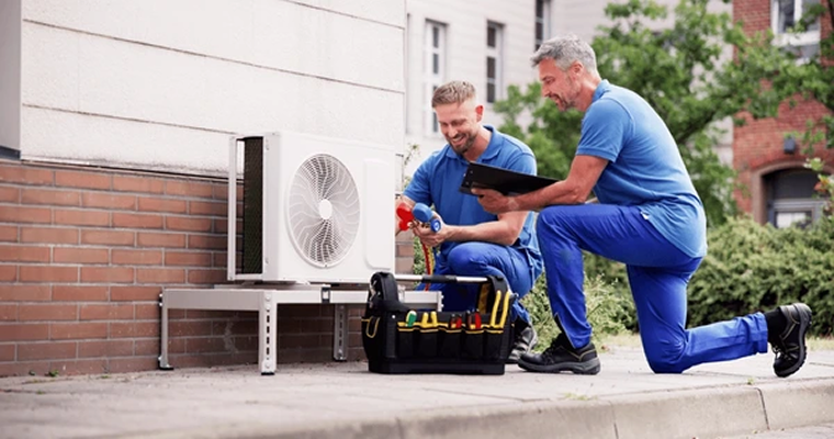 men in blue uniforms fixing ventialtion